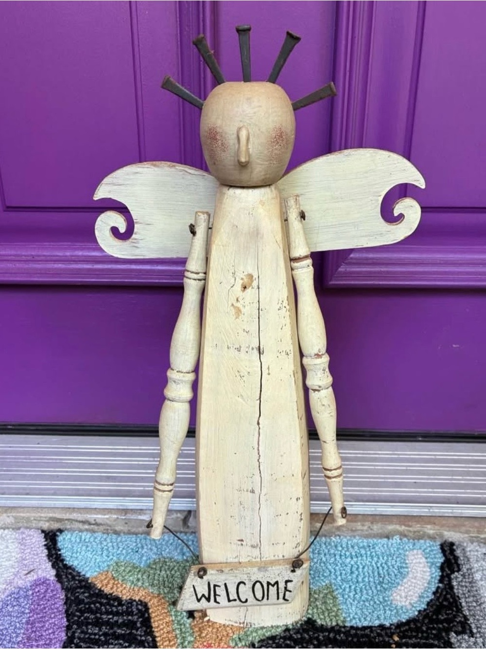 Folk Art Wood and Metal Angel Free Standing